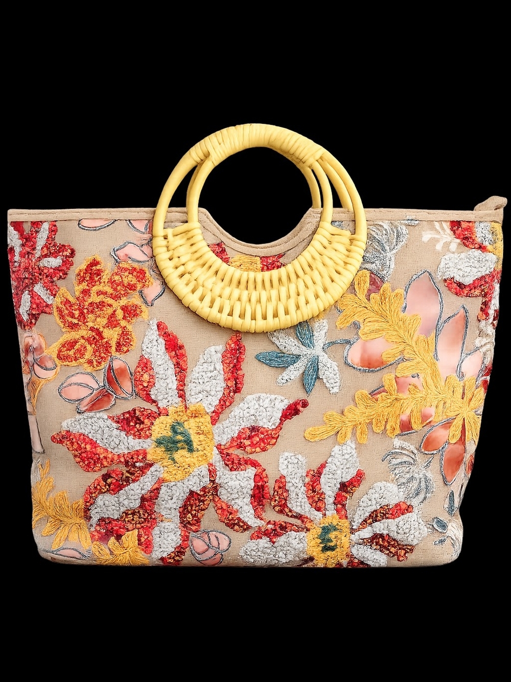Beige Floral Embroidered Tote with Yellow Rattan Handles